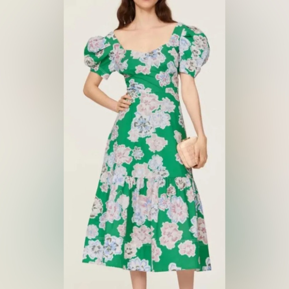 Green Puff Sleeve Sweetheart Midi Dress